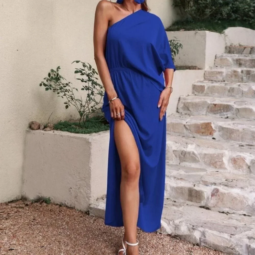 Blue One Shoulder Slit Hem Maxi Dress - Picture 3 of 5